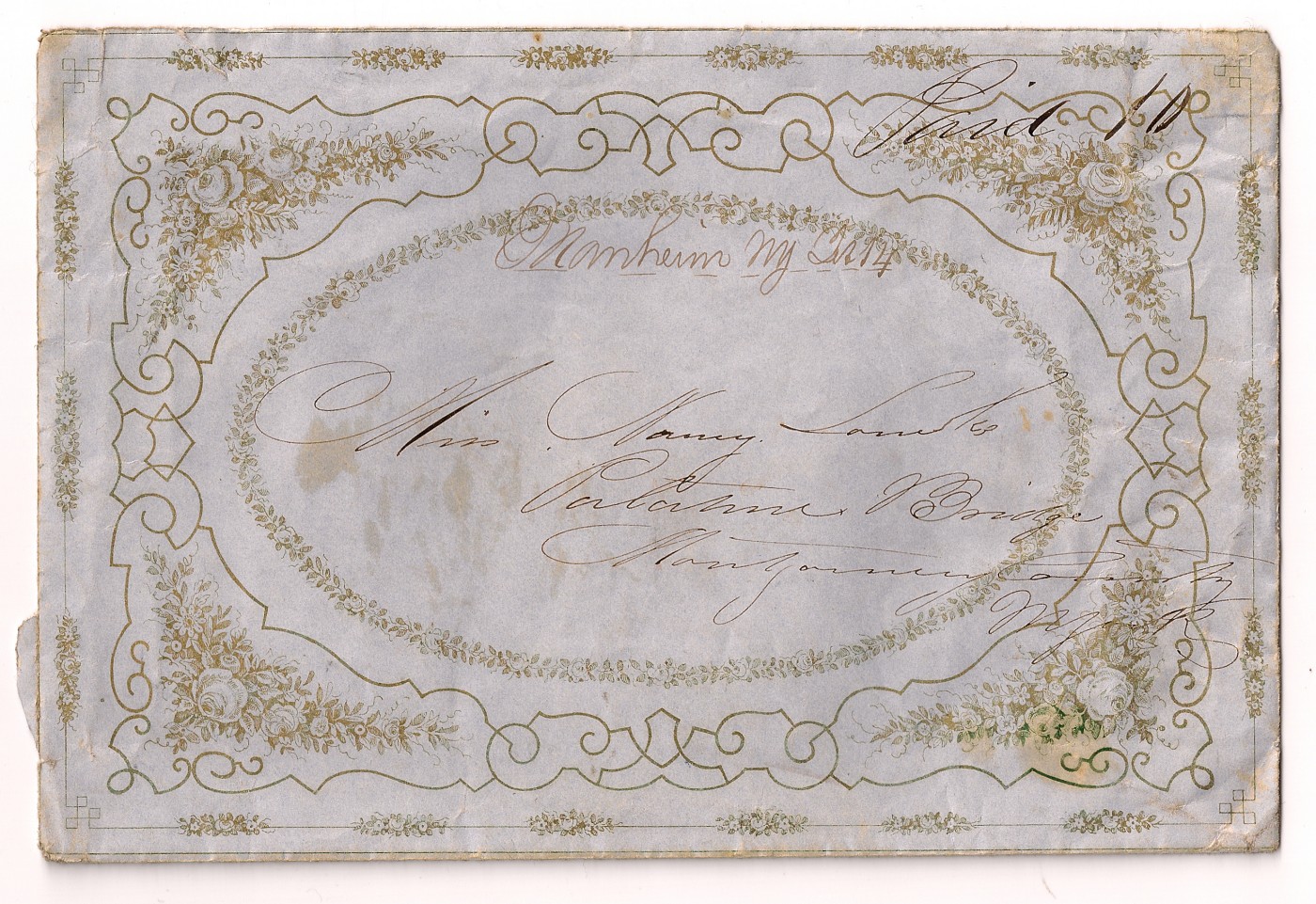 08a. Gray gilt envelope Paid 10 Manheim to Palatine bridge NY 1849.jpg